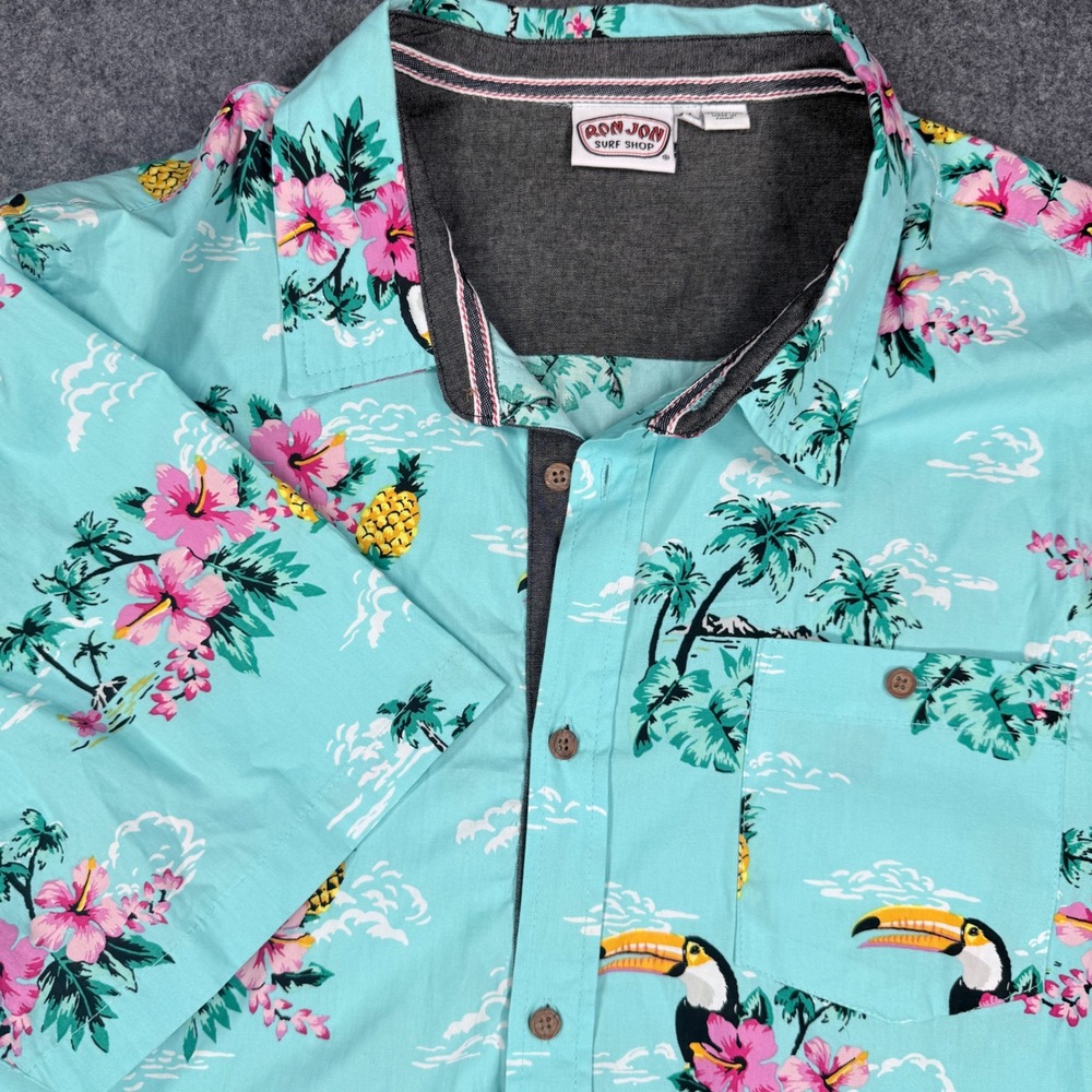 Ron Jon Surf Shop Mens XL Tropical Toucan Pineapple Hibiscus Button Down Shirt